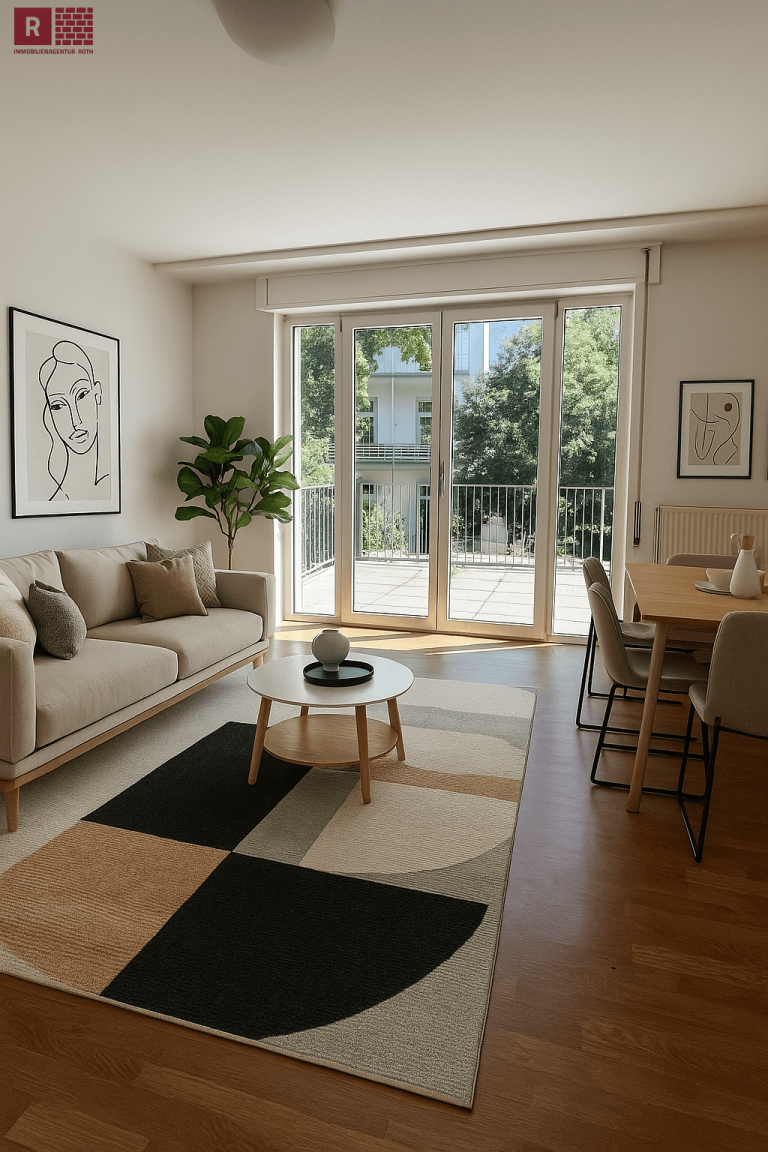 Wohnzimmer (Einrichtungsbeispiel) Frankfurt am Main Wohnung Charme trifft Retro - stilvolle 2-Zimmer-Wohnung mit XXL-Terrasse