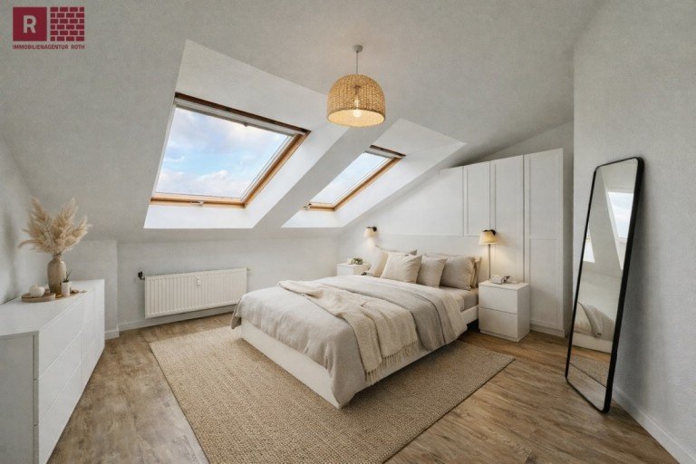 Schlafzimmereinrichtung mit KI erstellt Offenbach Dachgeschosswohnung Gro�z�gige 3-Zi-Dachgeschosswohnung mit Balkon und Weitblick in OF-Rumpenheim